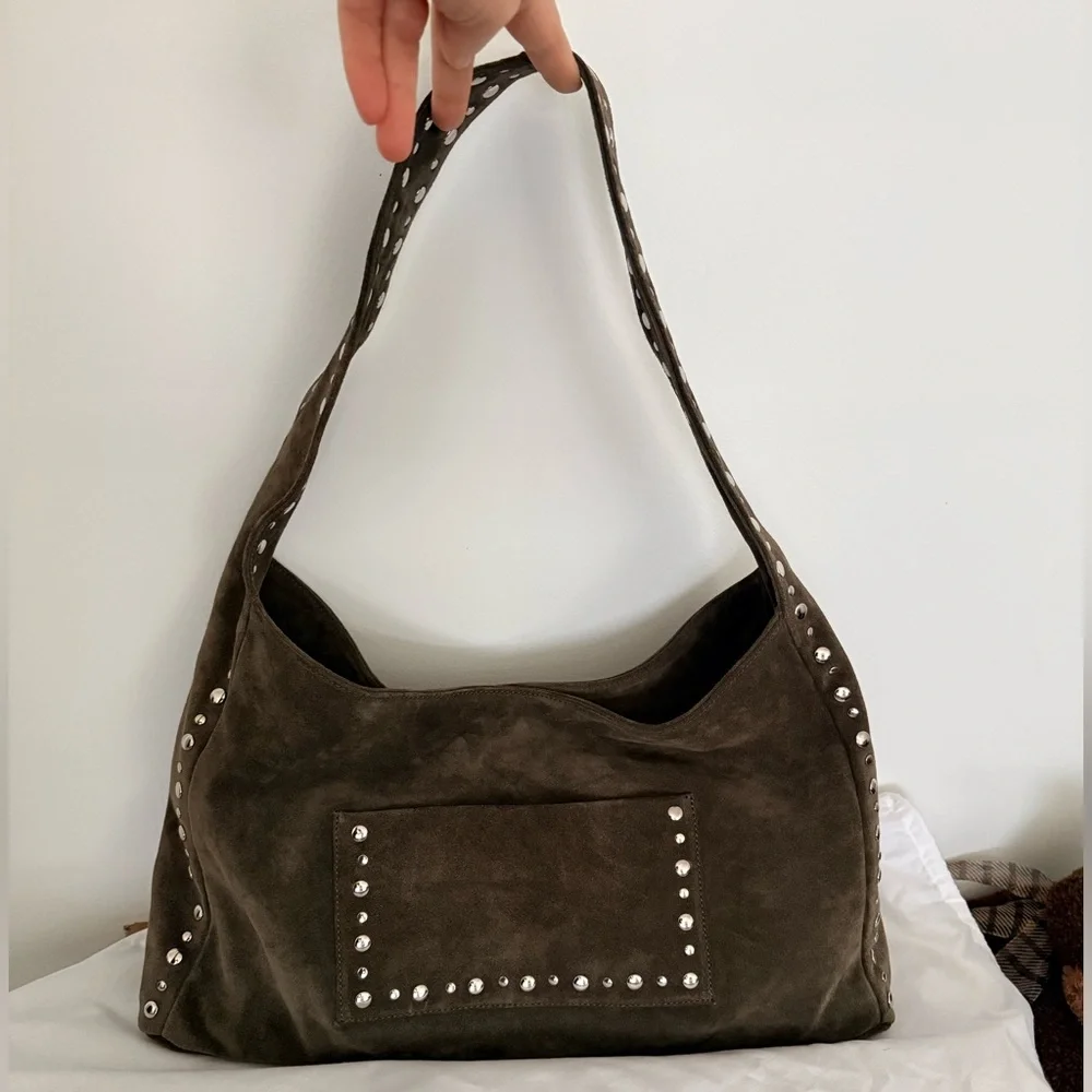 Gimaguas Silver Studded Suede Maxi Franca Shoulder Bag in green khaki NEW UNUSED - Picture 3 of 11
